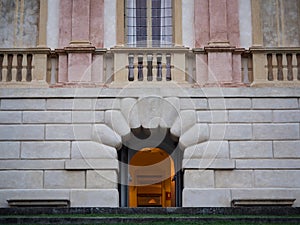 The majestic stone entrance of Villa dei Vescovi, a Venetian Renaissance-style villa. Currently it is a museum open to the public.