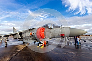 TORREJON, SPAIN - OCT 11, 2014: Spanish Navy Harrier fighter jet on the tarmac of Torrejon airbase
