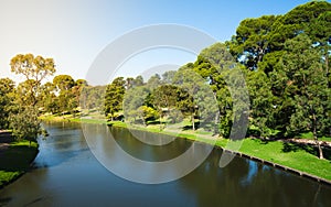 Torrens river and riverbank garden and promenade view in Adelaide Australia