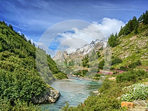 Torrent landscape during Tour du Mont Blanc hike, Aosta Valley Italy