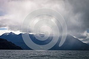 Torrential rain over the Todos los Santos lake All Saints lake, near Puerto Varas, in the Vicente Perez Rosales National Park,