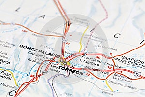 Torreon city road map area. Closeup macro view