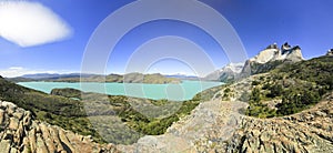 Torres del paine lake nordenskjold in patagonia, rock walls Cuernos