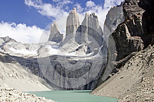Torres del paine mountain and lake photo
