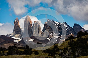 Torres Del Paine National Park, Chile. Sun on the famous towers