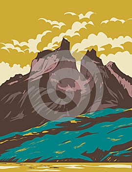 Torres Del Paine National Park from Lake Pehoe in Chile WPA Art Deco Poster photo