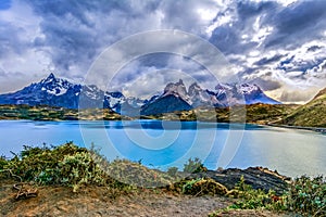Torres del Paine over the Pehoe lake, Patagonia, Chile - Southern Patagonian Ice Field, Magellanes Region