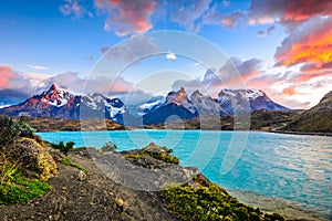 Torres del Paine over the Pehoe lake, Patagonia, Chile - Southern Patagonian Ice Field, Magellanes Region photo