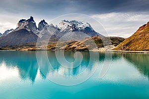Torres del Paine and Pehoe Lake, Patagonia, Chile photo
