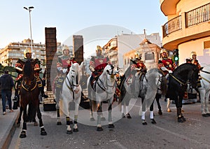 TORREVIEJA, SPAIN Ã¢â¬â JANUARY 5, 2023: Los Reyes Magos Three wise men parade. Participants take part in the Festive cavalcade of