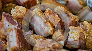 Torreznos dish cut into pieces and ready to eat. Torreznos are a typical meal from Soria, Spain, consisting of fried pork bacon