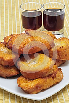 Torrijas, typical Lent spanish sweet, and moscatel photo