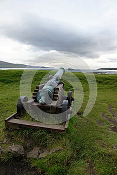 Torshavn, cannon aims at ship, Faroe Islands
