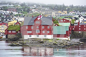 Torshavn, Government building with flag of Faroe Islands, in Capital City of Faroe Island, Denmark.