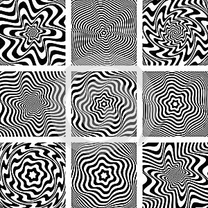 Torsion movement illusion. Op art patterns set.