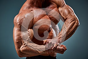 Torso of attractive male body builder on gray background.