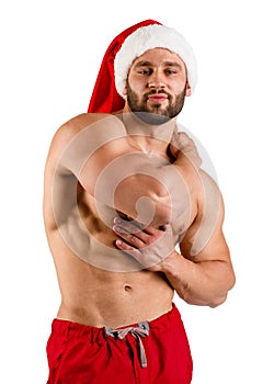 Torso Santa Claus in red hat with muscular body, isolated