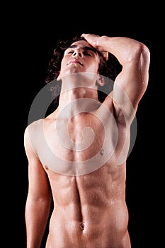 Torso of a sweat man in topless,