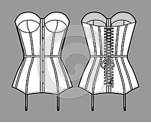 Torsolette basque bustier lingerie technical fashion illustration with molded cup, back laced, attached garters. Flat