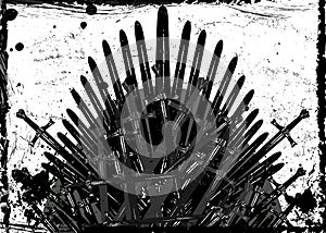Thrones fantasy concept. Hand drawn iron throne of Westeros made of antique swords or metal blades. Ceremonial chair built icon