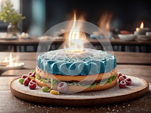 Torta Compleanno Con Candela Azzurra Bimbo. Generative AI