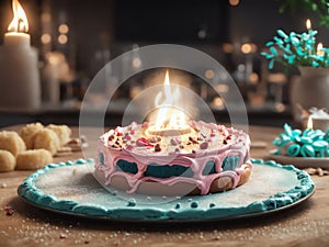 Torta Compleanno Con Candela Azzurra Bimbo. Generative AI