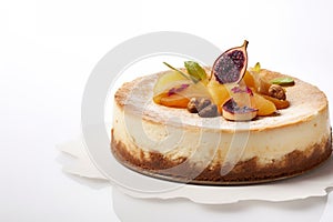 Torta de Ricota, or Ricotta cheesecake with fruit and nuts. Generative AI. photo