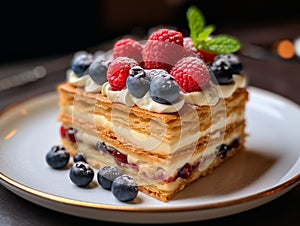 Torta napoleonica decorata con frutti di bosco e frutta photo