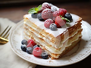 Torta napoleonica decorata con frutti di bosco e frutta photo