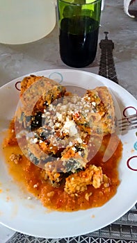 Platillo tipico de tortas de verdolaga en salsa de jitomate estilo Jalisco photo