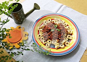 Tortellini pasta with beef, home cooked food