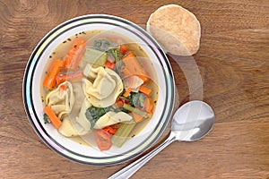 Tortellini soup from an overhead perspective