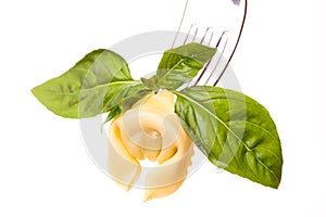 Tortellino And Basil On White photo