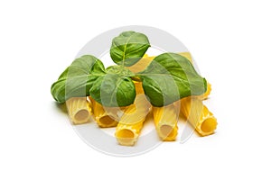 Tortiglioni Noodles with basil on white