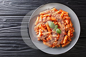 Tortiglioni pasta with bolognese sauce and fresh basil close-up in a plate. Horizontal top view