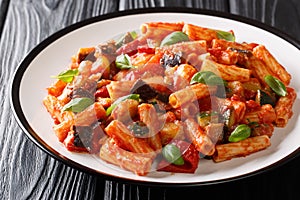Tortiglioni pasta diet recipe with summer vegetables and basil in tomato sauce close-up in a plate. horizontal