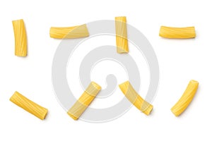 Tortiglioni pasta isolated on white. Top view