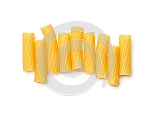 Tortiglioni pasta isolated on white. Top view