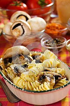 Tortiglioni pasta with mushrooms
