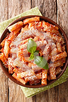 Tortiglioni pasta with parmesan basil in tomato sauce close-up in a plate. Vertical top view