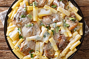 Tortiglioni with pieces of chicken in a creamy cheese sauce with herbs close-up in a plate. Horizontal top view