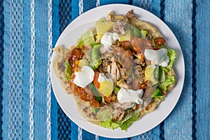 Tortilla with chicken, pineapple, lettuce, salsa and yogurt - Rustic home made tortilla on blue table cloth - Image