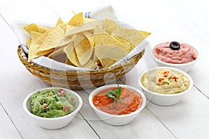 Tortilla chips with four dips photo
