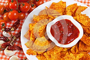 Tortilla chips with hot salsa dip