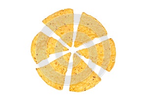 Tortilla chips isolated on white background. Triangle shaped crisps