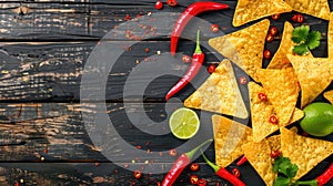 Tortilla chips with red hot chili peppers, lime, and salsa dip on wooden background