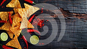 Tortilla chips with red hot chili peppers, lime, and salsa dip on wooden background