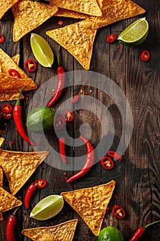 Tortilla chips with red hot chili peppers, lime, and salsa dip on wooden background