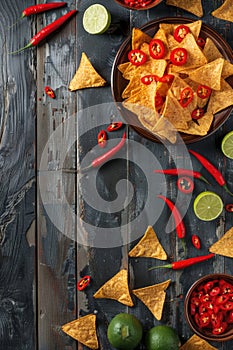 Tortilla chips with red hot chili peppers, lime, and salsa dip on wooden background