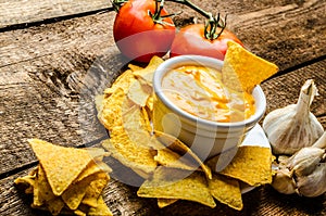 Tortilla chips with tomato and cheese-garlic dip